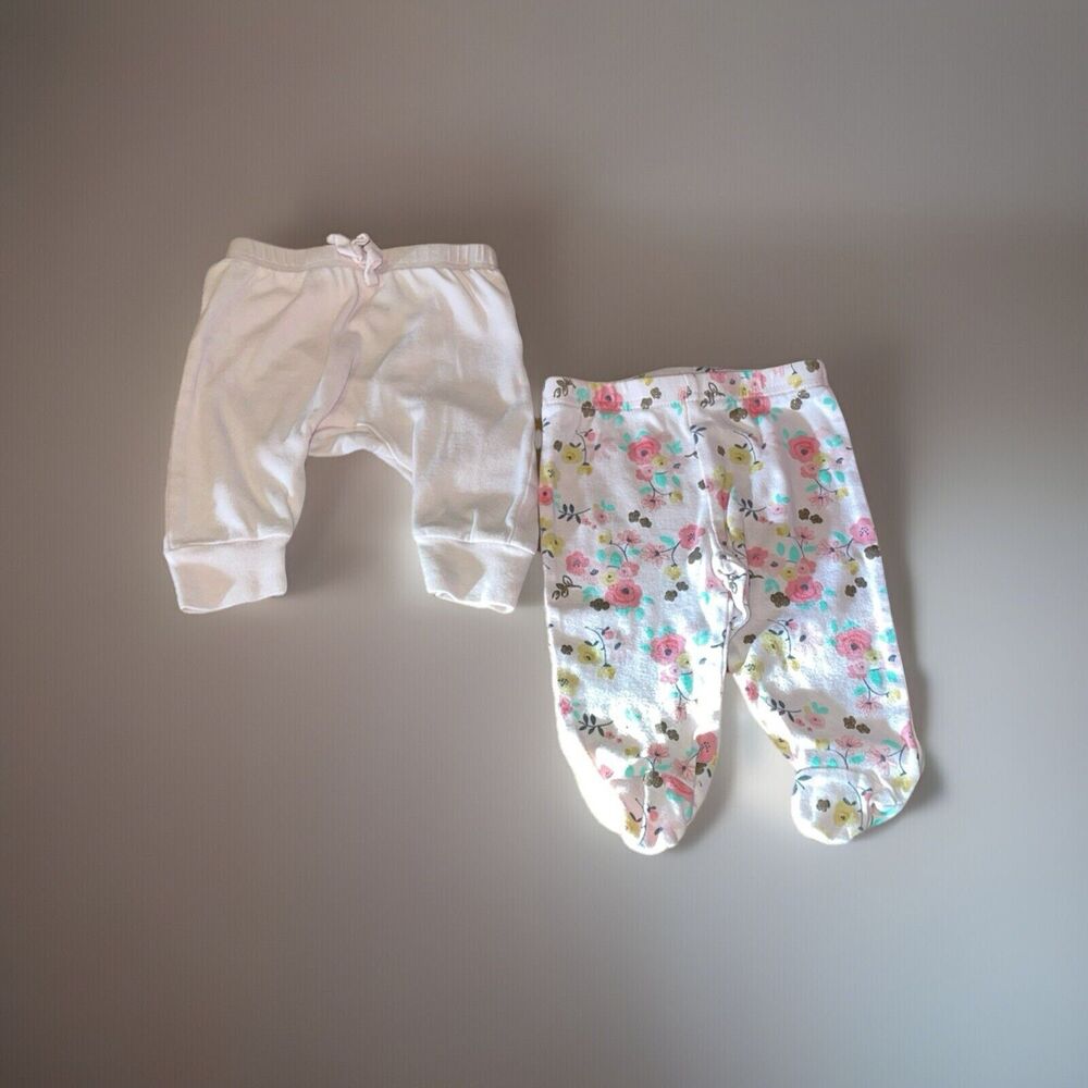 Lot Of 2 Pair Gerber Baby Girl Pull On Pants 0-3M Pink Solid/Floral